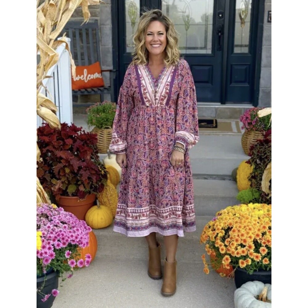VERY J Floral Printed Boho V-Neck Balloon Sleeve Dress Size M NWT - Picture 1 of 7